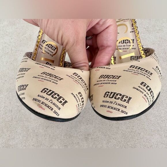 Gucci Apollo Gucci Stamp Print Beige Leather Logo Ankle Strap Pumps EU37.5 US7.5 - Picture 7 of 12